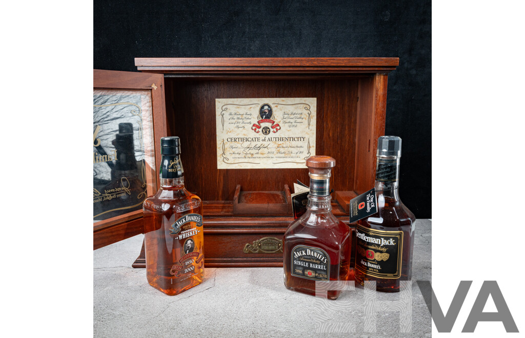 Limited Edition Jack Daniel’s Family of Fine Whiskeys Three Bottle Cabinet, Signed by Jimmy Bedford