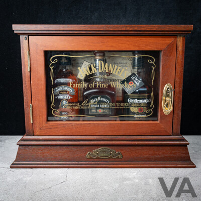 Limited Edition Jack Daniel’s Family of Fine Whiskeys Three Bottle Cabinet, Signed by Jimmy Bedford