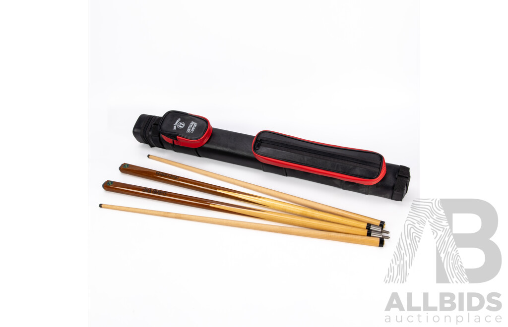 Pair of Jack Daniels Branded Maple Pool Cues by Mitchell in Hard Case