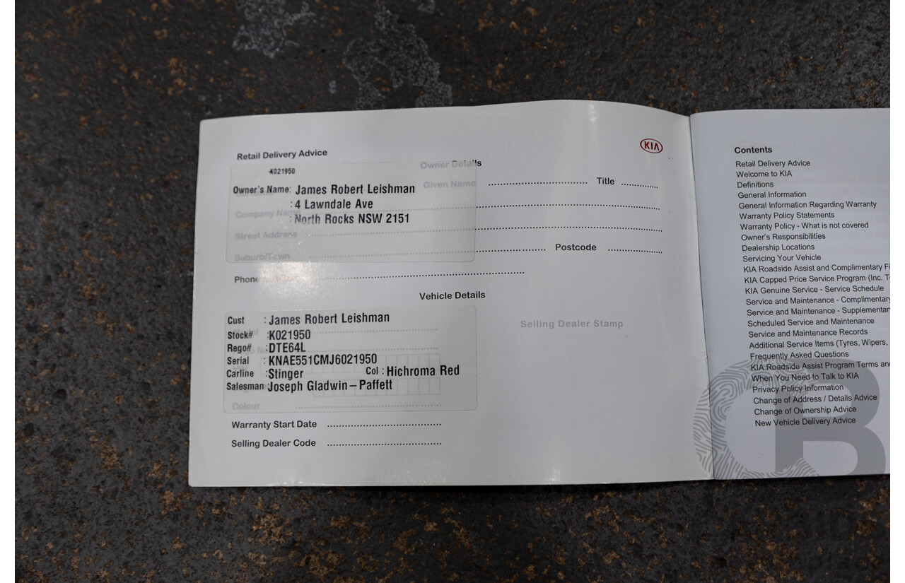 01/2018 Build 12/2017 Kia Stinger GT CK MY18 (344) 4d Sedan Hichroma Red Metallic (Grey Wrap) Twin Turbo 3.3L