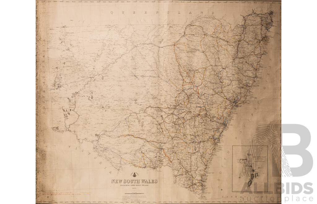 Antique Map of New South Wales Including Lord Howe Island, Hand Coloured Roads, Canvas & Ink, 141 x 118 cm (edge to Edge)