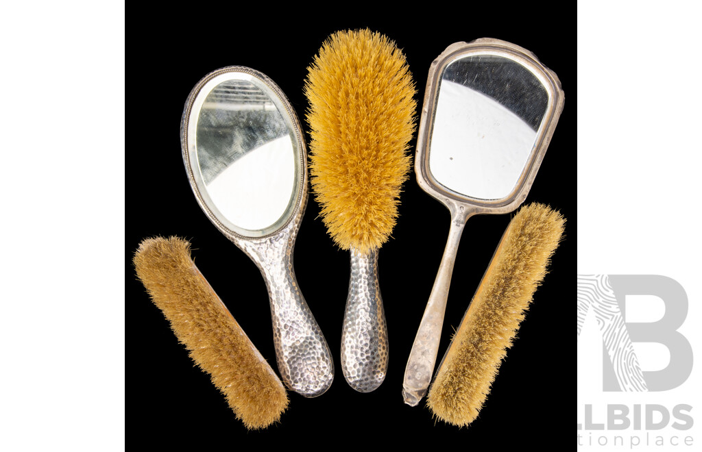 Set Three Sterling Silver Vanity Dressing Table, London 1902 Items Along with Another Mirror & Brush, Birmingham 1937