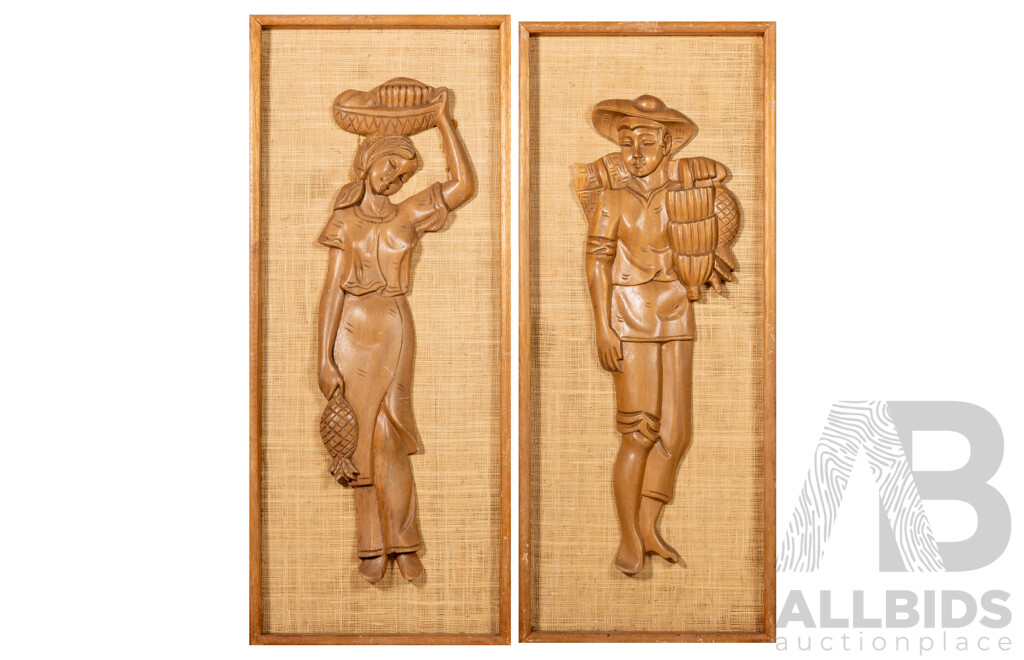 Artist Unknown (20th Century), Man & Woman with Pineapples, Pair of Mid Century Carved Wooden and Textile Works, 61 x 25 cm (frames) (2)