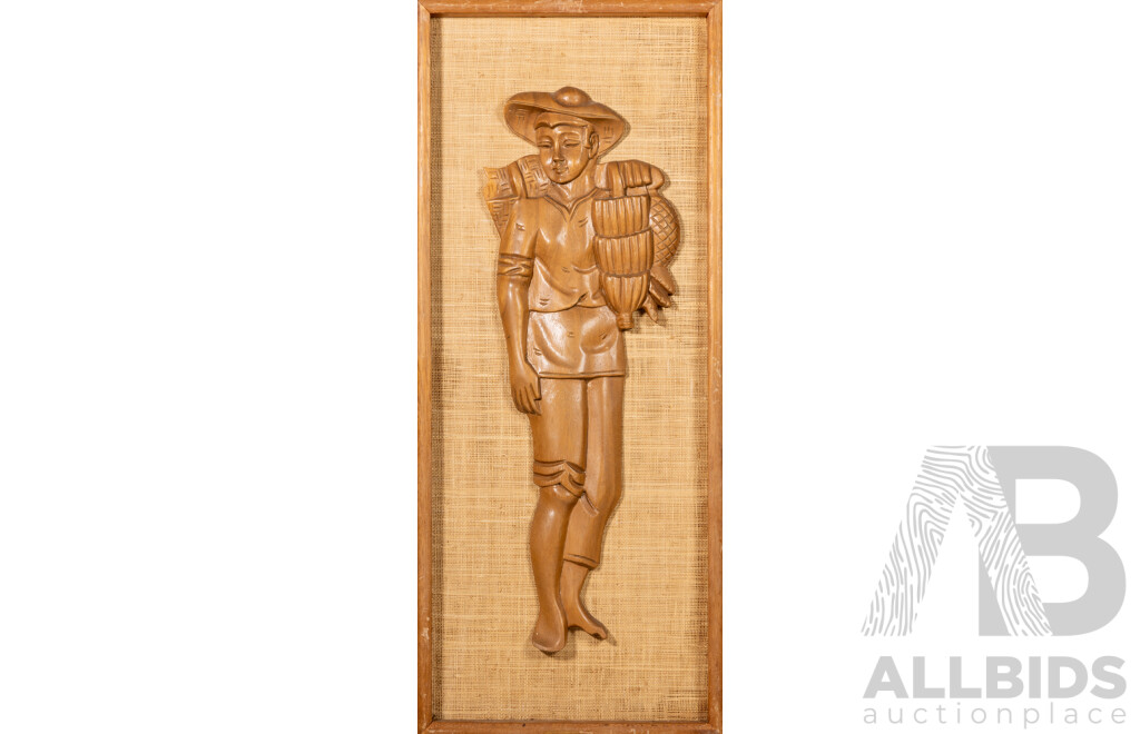 Artist Unknown (20th Century), Man & Woman with Pineapples, Pair of Mid Century Carved Wooden and Textile Works, 61 x 25 cm (frames) (2)