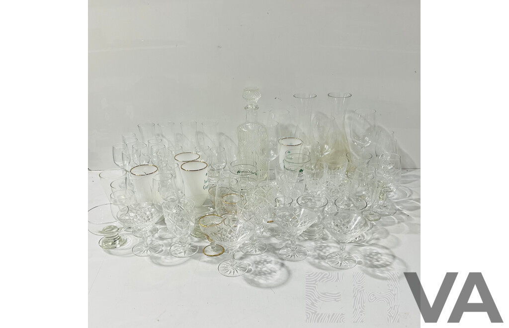 Large Collection Stem Ware Including Wine Glasses, Coupes, Irish Coffee Glasses, Cut Glass Decanter with Stopper and More