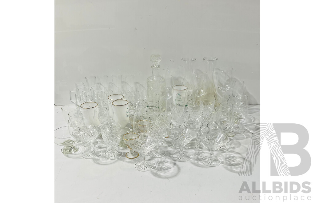 Large Collection Stem Ware Including Wine Glasses, Coupes, Irish Coffee Glasses, Cut Glass Decanter with Stopper and More