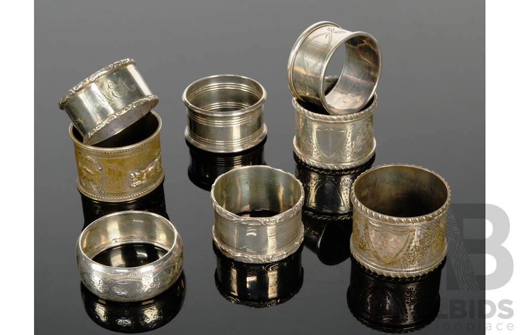 Collection Eight Vintage Sterling Silver Napkin Rings, Various Assay Offices and Makers, Total Weight 170gm