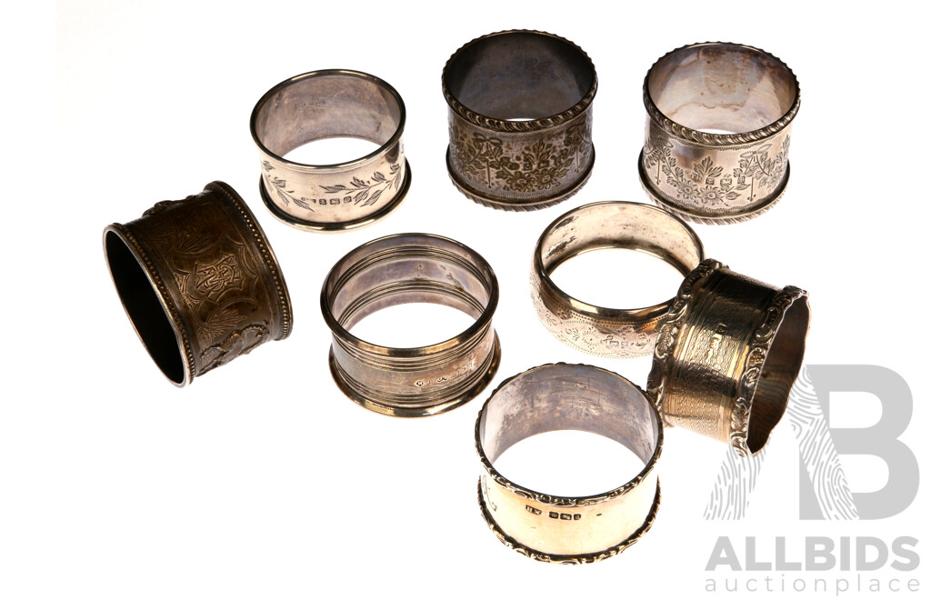 Collection Eight Vintage Sterling Silver Napkin Rings, Various Assay Offices and Makers, Total Weight 170gm