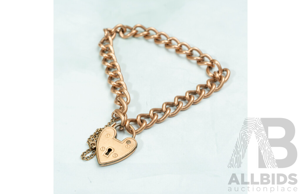 Vintage 9ct Lined Childrens Curb Link Heart Padlock Bracelet by G&E Rodd, Melbourne C.1959