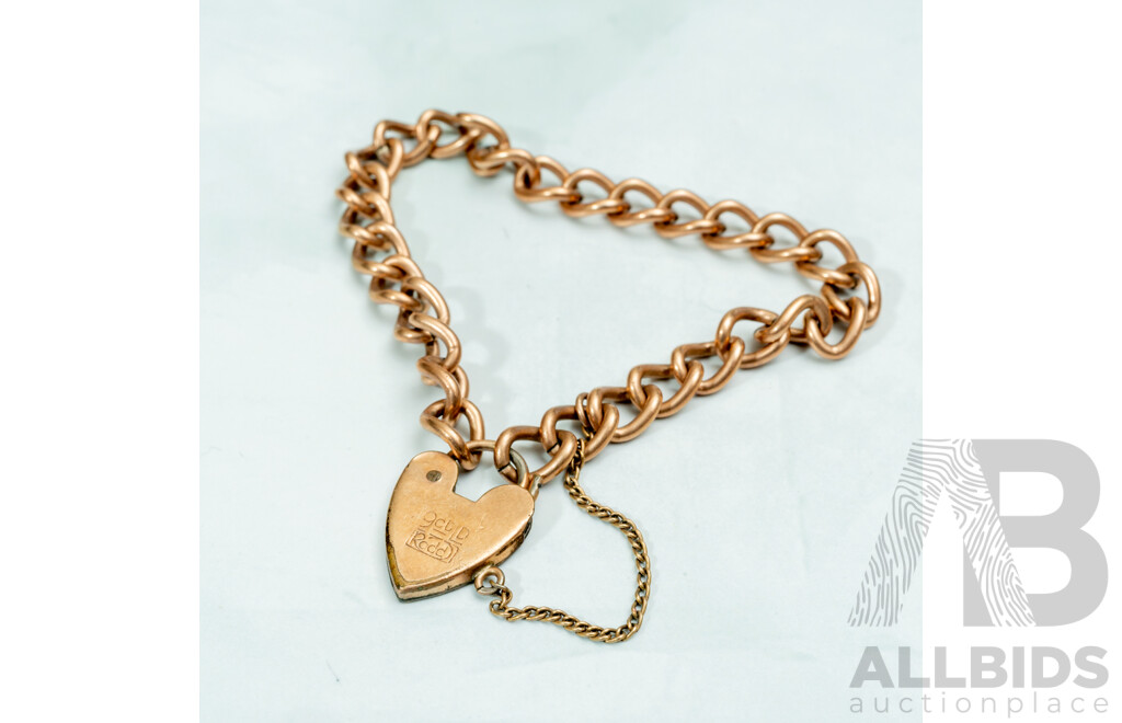 Vintage 9ct Lined Childrens Curb Link Heart Padlock Bracelet by G&E Rodd, Melbourne C.1959