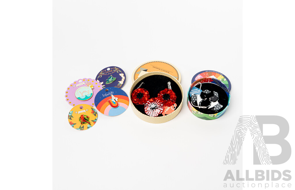 Erstwilder 'Poppy Field' Resin Necklace & Erstwilder 'Sleeping Rabbit' Resin Hair Clips, Plus (4) Enamel Pin/brooches, All New in Original Boxes