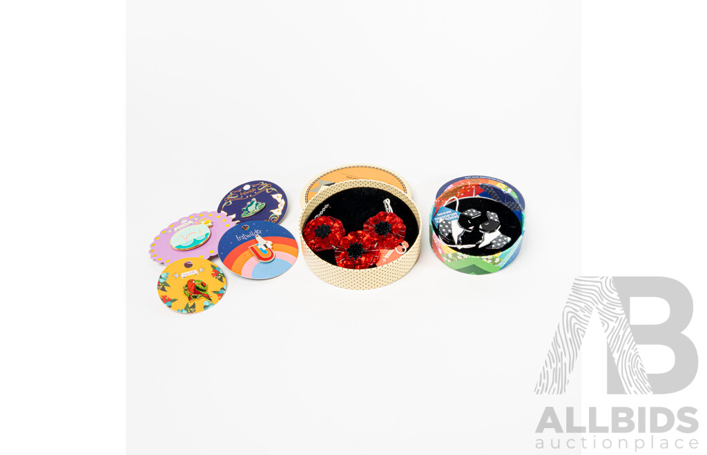 Erstwilder 'Poppy Field' Resin Necklace & Erstwilder 'Sleeping Rabbit' Resin Hair Clips, Plus (4) Enamel Pin/brooches, All New in Original Boxes