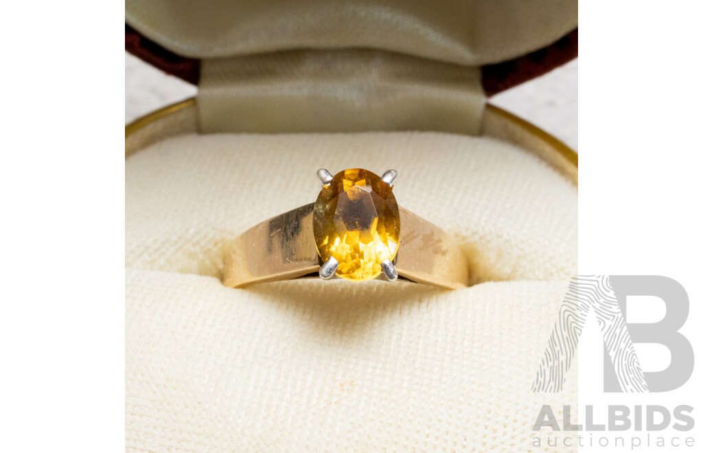 9ct Vintage Golden Citrine Solitaire Ring, Size N, 3.37 Grams
