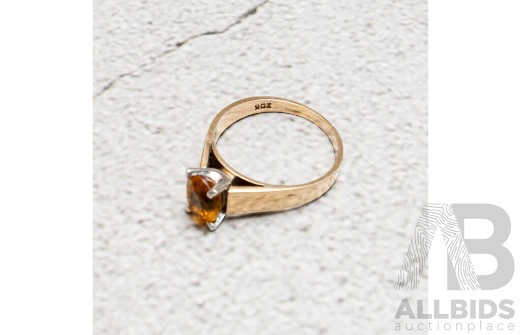 9ct Vintage Golden Citrine Solitaire Ring, Size N, 3.37 Grams