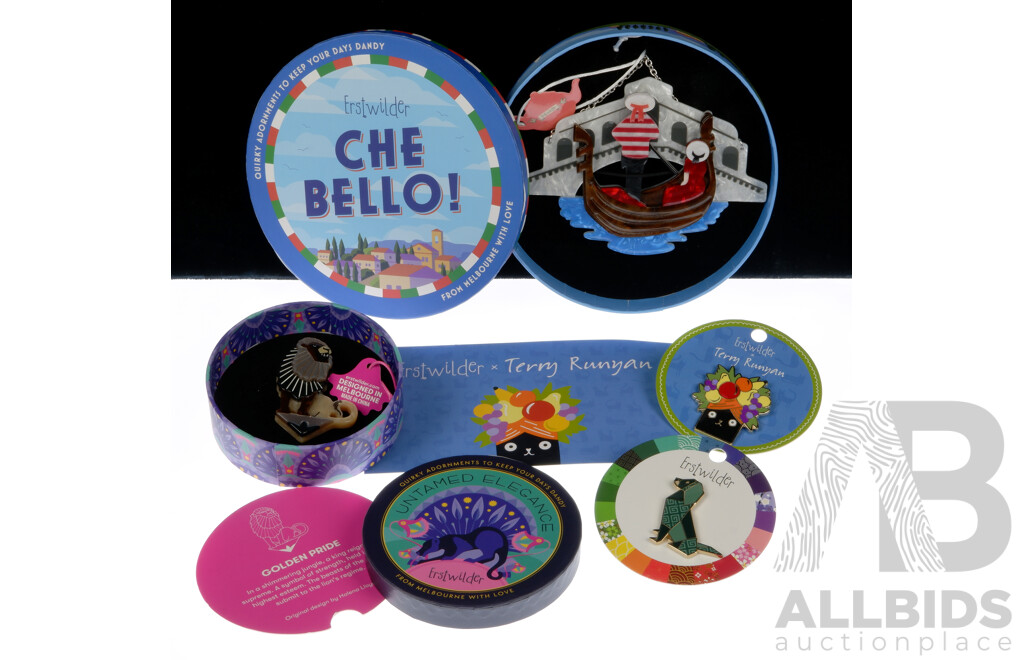 Erstwilder Che Bello Collection 'Canals of Venice' Resin Necklace & 'Golden Pride' Resin Brooch, (2) Enamel Brooch/pins - NEW