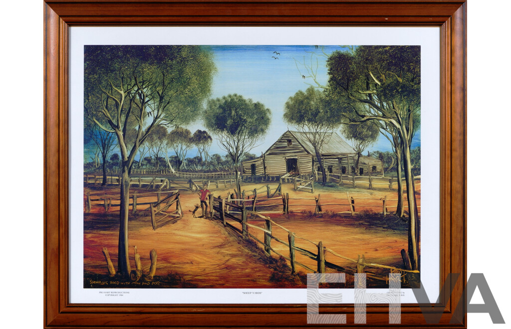 Pro Hart, (20th Century, Australian, 1928-2006), Shearing Shed with Man and Dog, Colour Print of Original Oil, 53 X 68 Cm (frame)