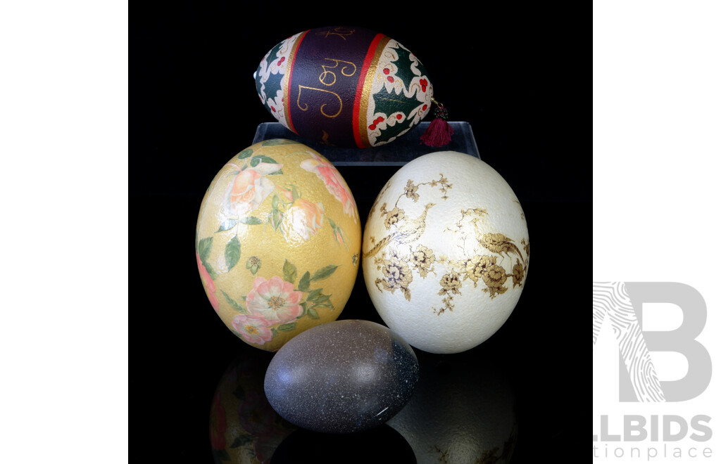 Collection Four Hollow Blown Eggs Comprising Two Decorated Ostrich Examples, Decorated Emu Example and Plain Emu Egg