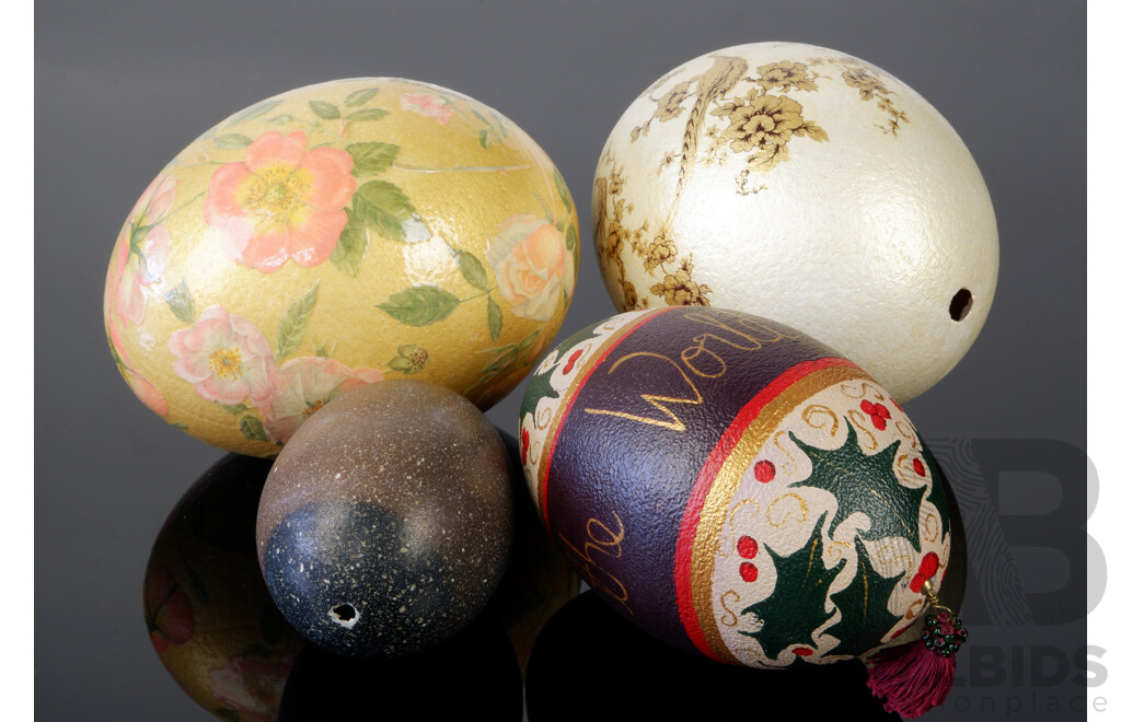 Collection Four Hollow Blown Eggs Comprising Two Decorated Ostrich Examples, Decorated Emu Example and Plain Emu Egg