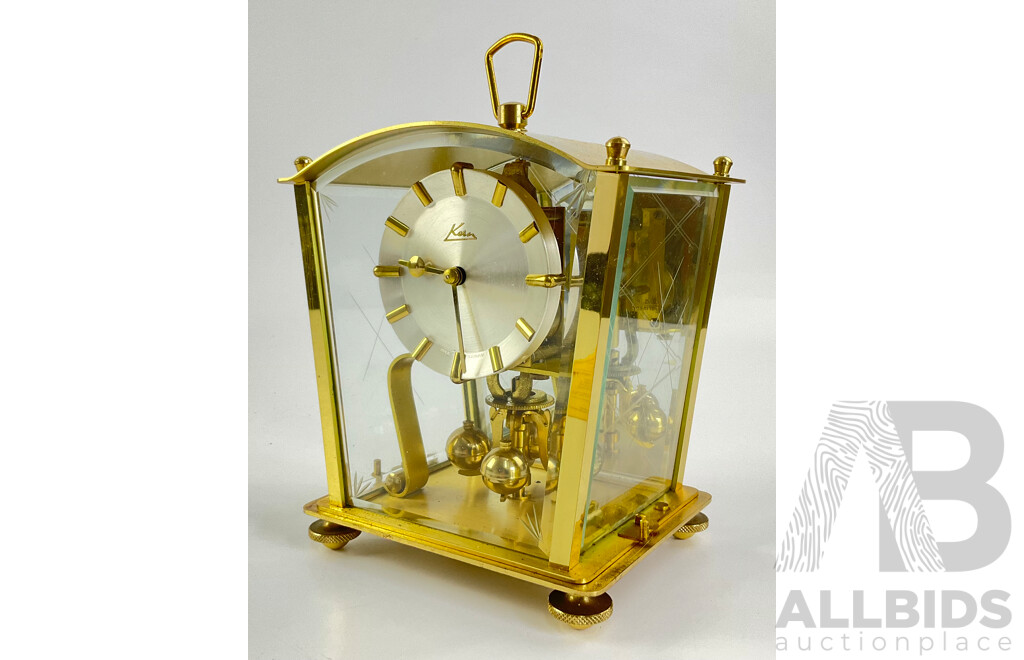 Vintage Brass Kien 400 Day Torsion Clock with Etched and Beveled Glass, Made in Germany