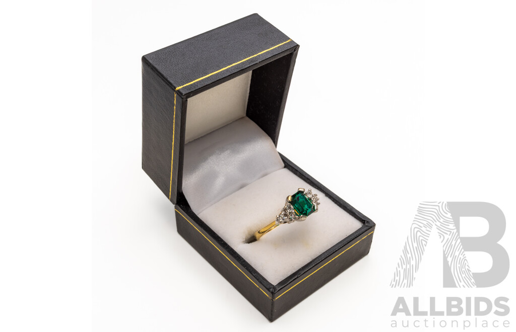 22ct Yellow Plated Base Metal Ring with Synethetic Emerald and Cubic Zirconias - Size Q