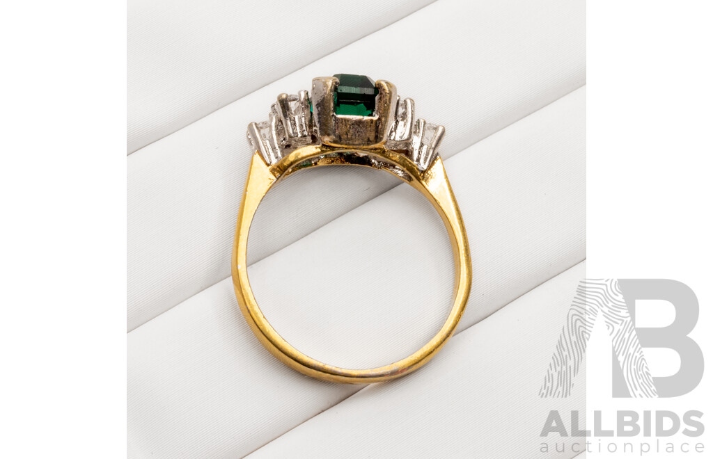 22ct Yellow Plated Base Metal Ring with Synethetic Emerald and Cubic Zirconias - Size Q