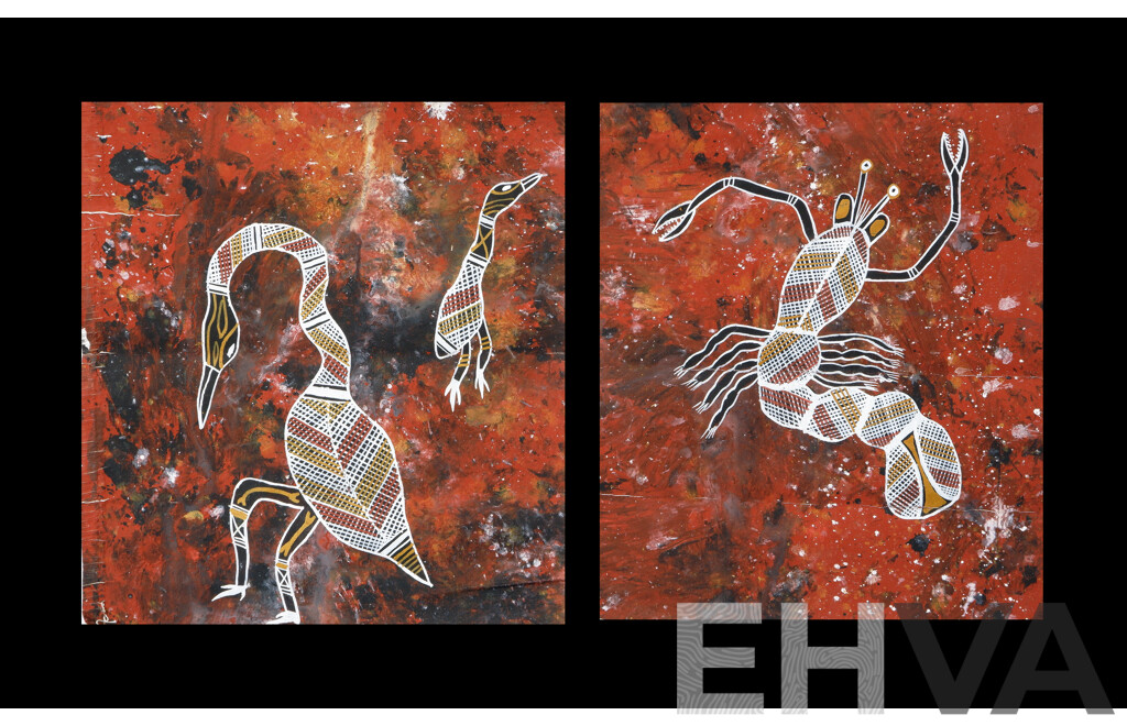 Jamie Ah Fat, (20th Century, Marra Tribe, Ngukarr Arnhem Land), Yabby Under Water & Turkeys, Acrylic on Canvas, 33 x 30 cm (largest) (2)