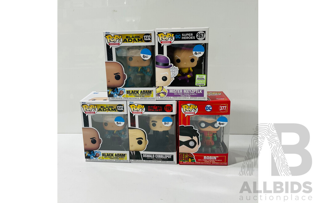Collection of Five DC Funko Pop Vinyl Figures Including Oswald Cobblepot, Mister Mxyzptlk, Robin and Black Adam in Original Packaging