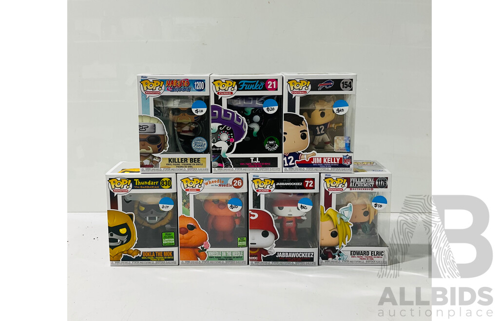 Collection of Seven Funko Pop Vinyl Figures Including Jim Kelly, Edward Elric, Jabbawockeez and More in Original Packaging