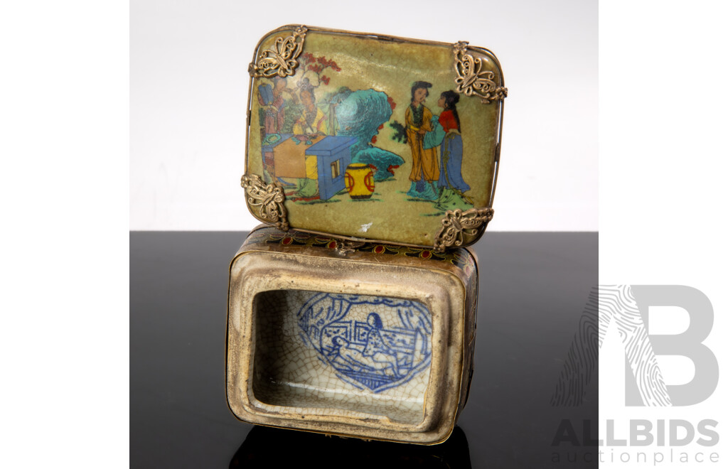 Chinese Antique Style Porcelain Canton Enamel Export Lidded Box with Crackle Glaze Butterfly & Dragon Themed Metal Mounts and Erotic Scene to Interior