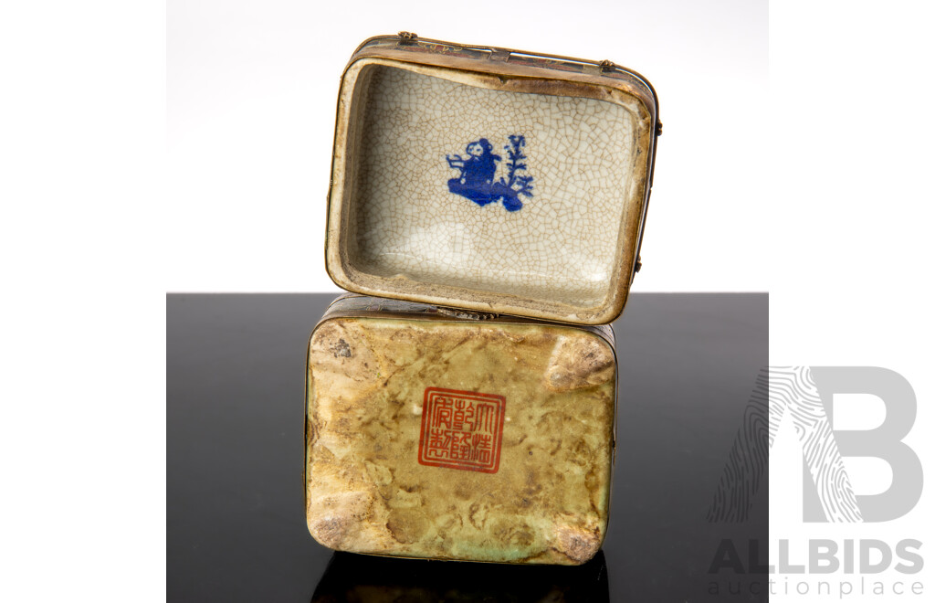 Chinese Antique Style Porcelain Canton Enamel Export Lidded Box with Crackle Glaze Butterfly & Dragon Themed Metal Mounts and Erotic Scene to Interior