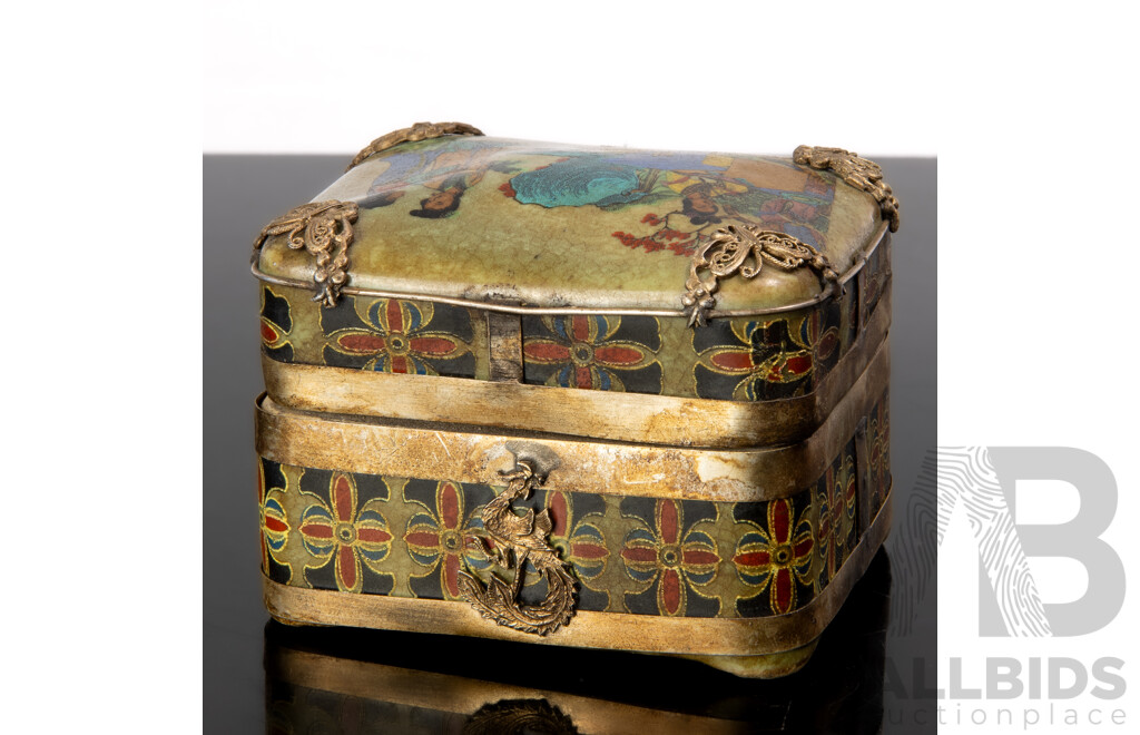 Chinese Antique Style Porcelain Canton Enamel Export Lidded Box with Crackle Glaze Butterfly & Dragon Themed Metal Mounts and Erotic Scene to Interior