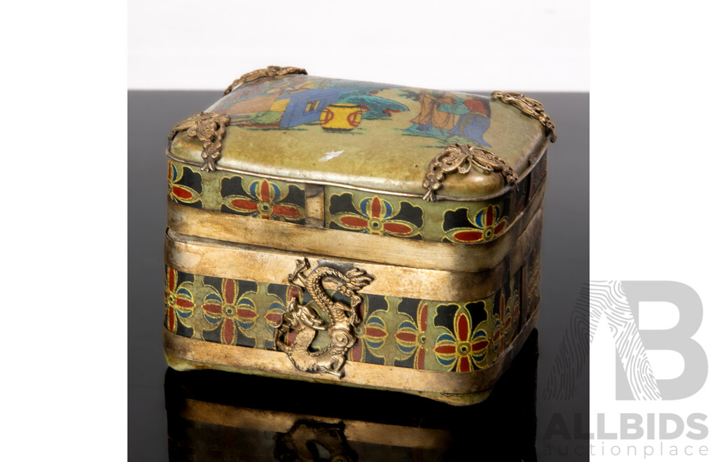 Chinese Antique Style Porcelain Canton Enamel Export Lidded Box with Crackle Glaze Butterfly & Dragon Themed Metal Mounts and Erotic Scene to Interior