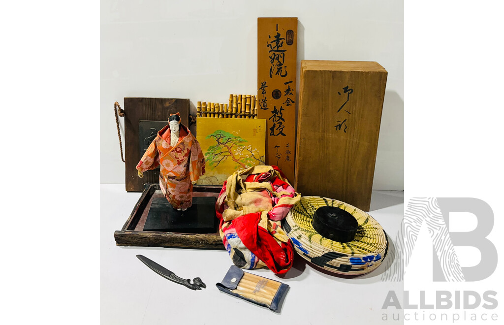 Collection Japanese Items Including Caligraphy Board, Lidded Box, Fish Kite, Hanging Lamp, Geisha Doll and More