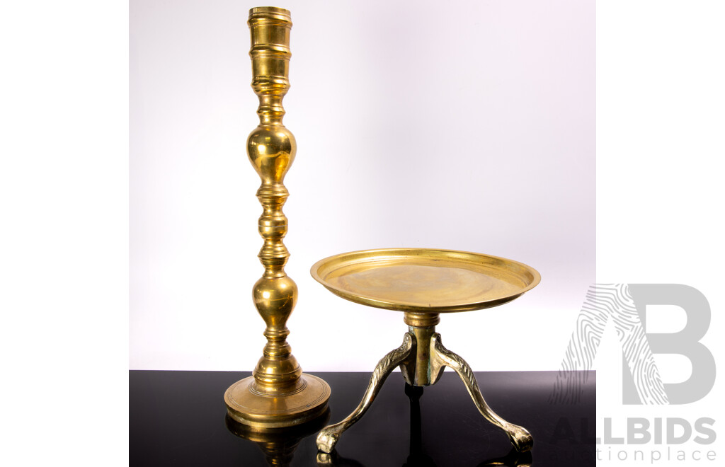 Brass Tray with Three Claw Feet Along with Brass Candle Holder
