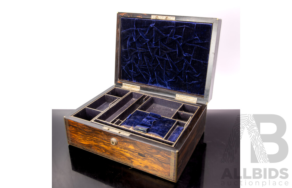 Antique Dark Wood Veneer Document Box with Lift Out Compartmentalized Tray and Brass Plaque to Top