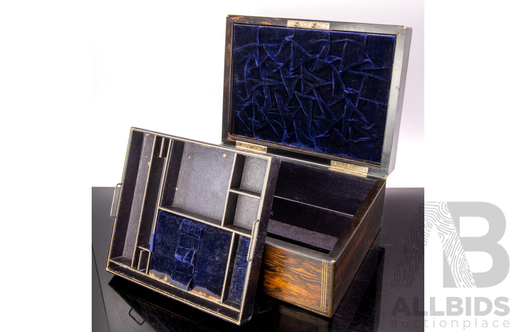 Antique Dark Wood Veneer Document Box with Lift Out Compartmentalized Tray and Brass Plaque to Top