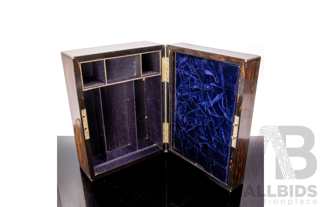 Antique Dark Wood Veneer Document Box with Lift Out Compartmentalized Tray and Brass Plaque to Top