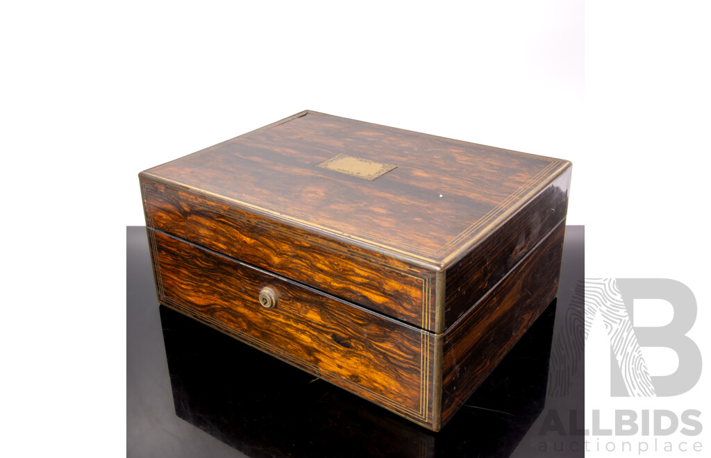 Antique Dark Wood Veneer Document Box with Lift Out Compartmentalized Tray and Brass Plaque to Top