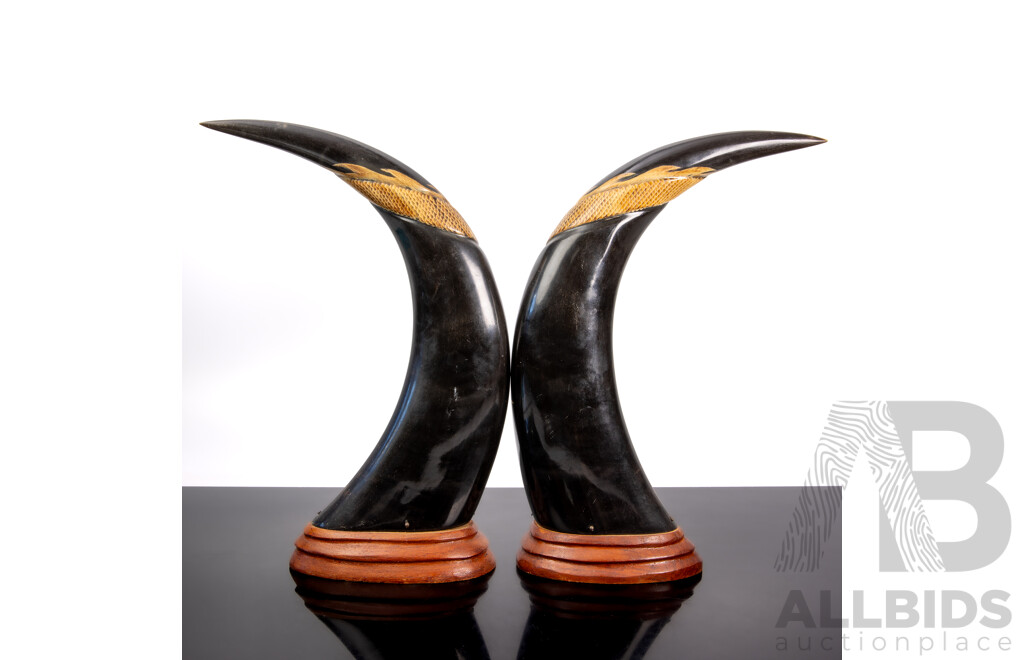 Pair Carved Asian Buffalo Horns Mounted on Wooden Pedestal Bases with Phoenix & Dragon Theme