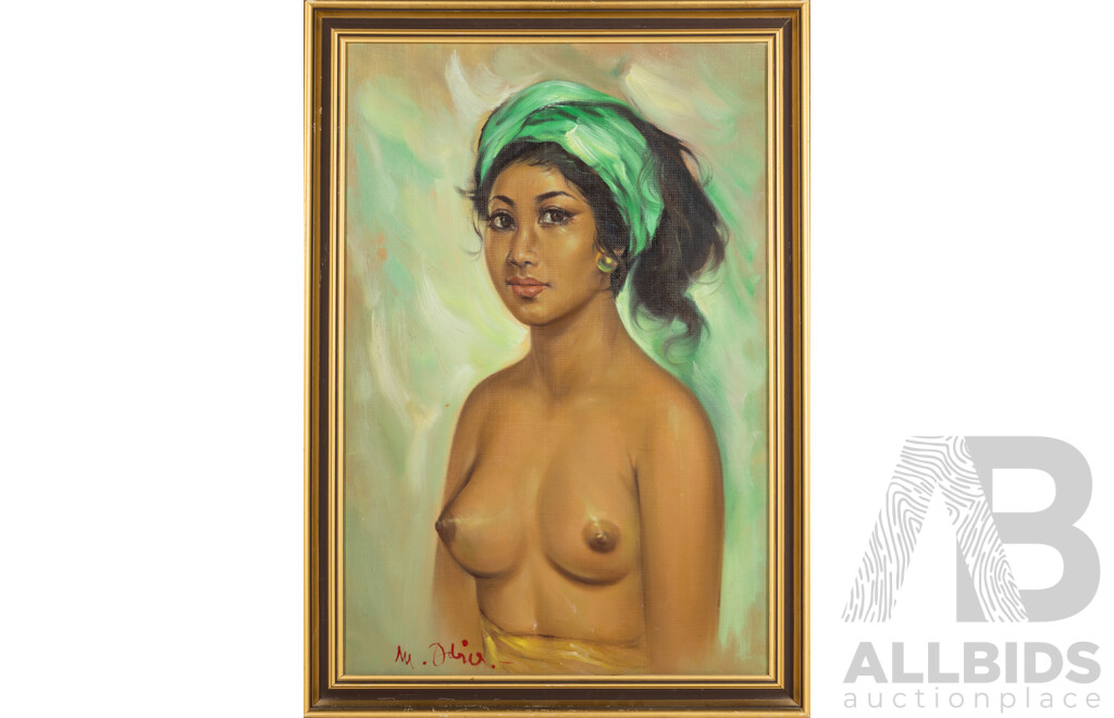 M. Odris, (20th Century, Balinese School), Portrait of Topless Lady with Scarf in Hair, Original Vintage Oil on Canvas, 70 x 49 cm (frame)