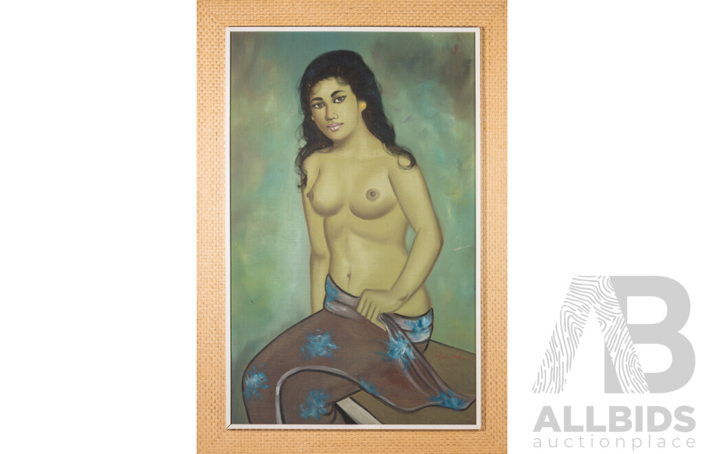 Artist Unknown (20th Century, Balinese School), Portrait of Topless Lady, Original Vintage Oil on Canvas, 114 x 78 cm (frame)