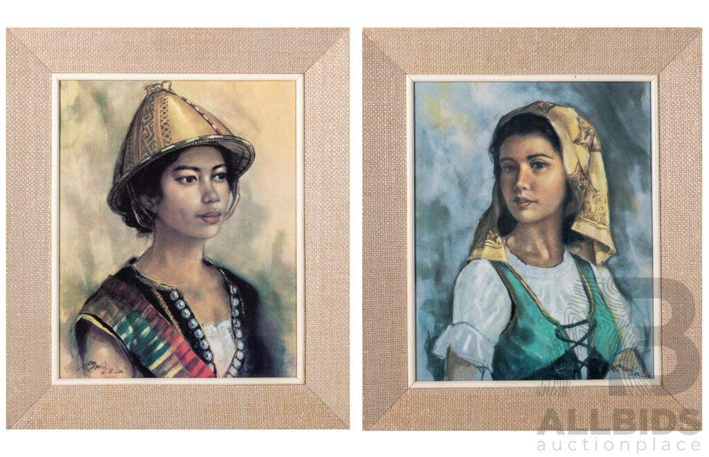 Artist Unknown, (20th Century), Pair of Vintage Portraits - Ladies in Ceremonial Outfits (1968), Reproduction Prints of the Originals,