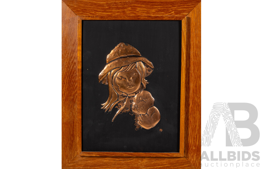 Artist Unknown, (20th Century), Girl with Cat, Girl with Dog & Girl with Hat and Dog, Lovely Trio of Vintage Mid-Century Copper Sheet Hammered Reliefs, 40 x 33 cm (frames) (3)