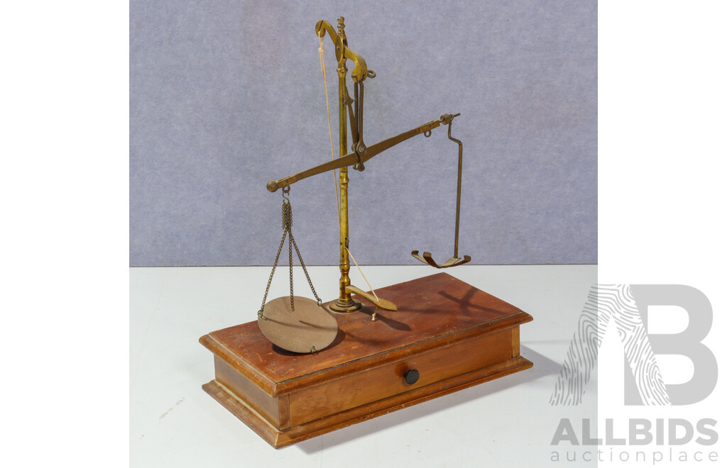 Antique Set Brass Balance Scales on Wooden Base with Drawer with Selection Brass Weights Inside
