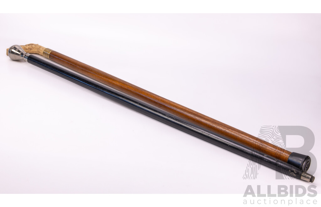 Two Wooden Walking Sticks Including Composite Doggie Form Example