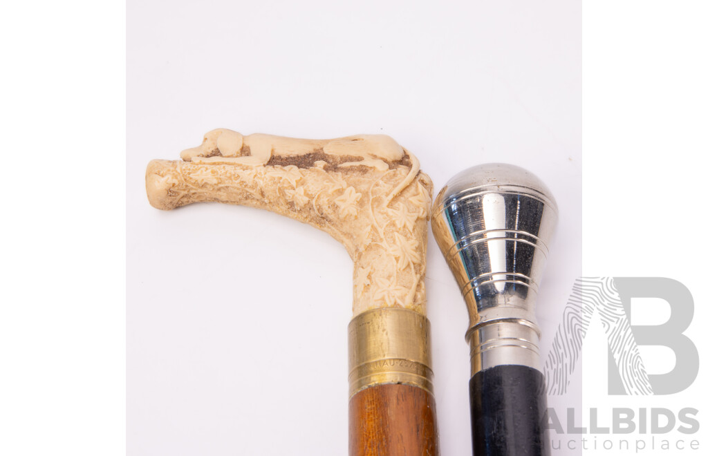 Two Wooden Walking Sticks Including Composite Doggie Form Example