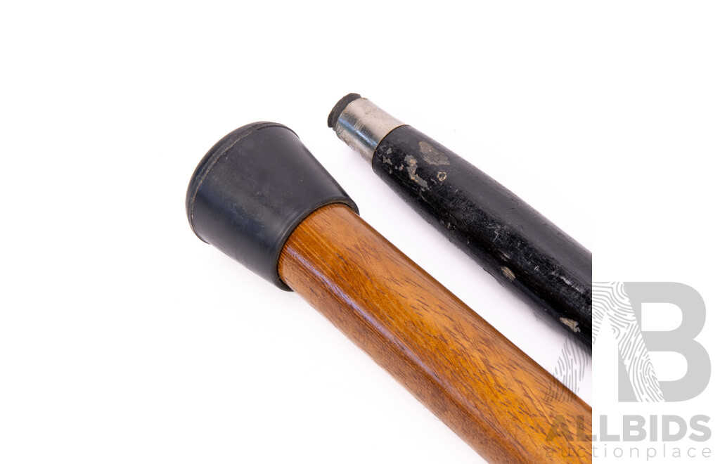 Two Wooden Walking Sticks Including Composite Doggie Form Example