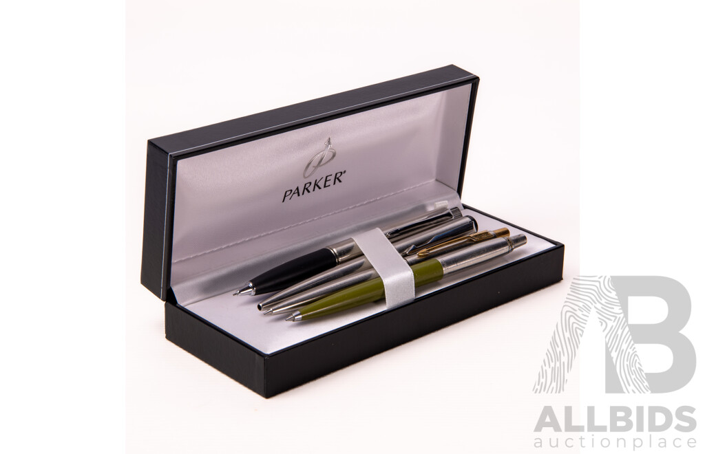 Collection Three Parker Retractable Ballpoint Pens and One Parker Retractable Pencil in Parker Case