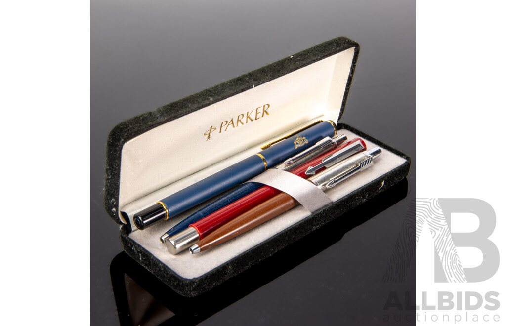 Collection Two Parker Retractable Ballpoint Pens, Parker Fountain Pen and Parker Rialto Parker Pen All in Parker Case