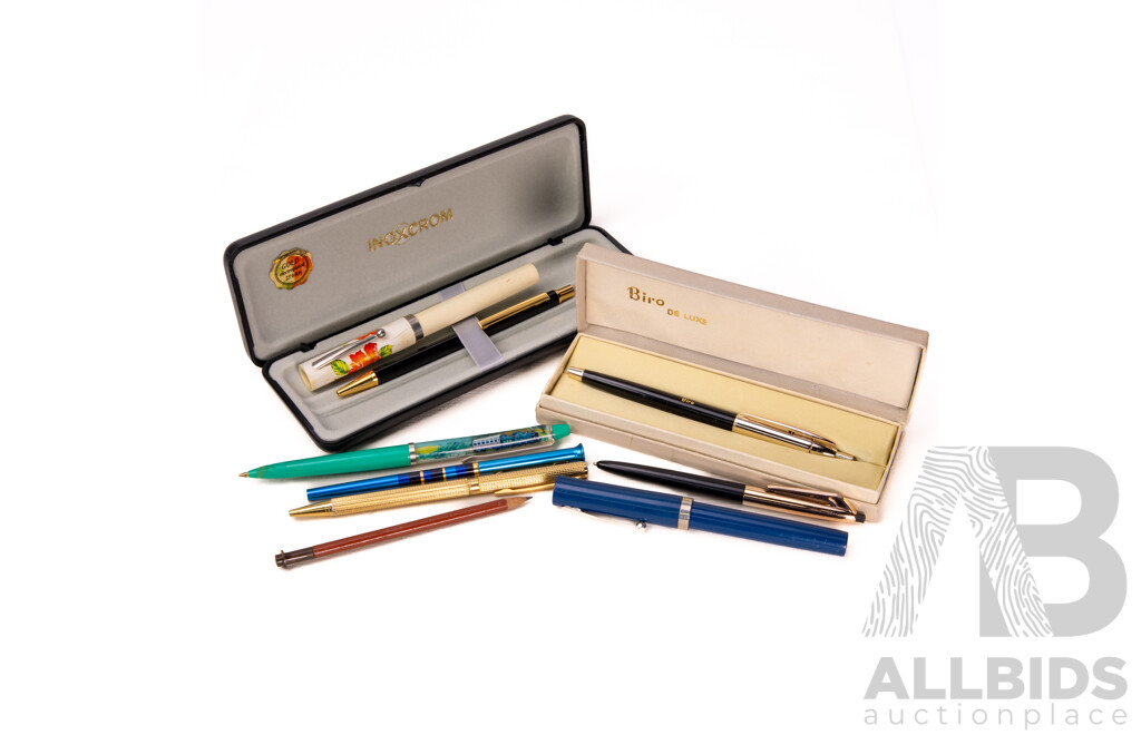 Biro De Luxe Retractable Pen, Inoxcrom Gold Plated Pen Both in Original Cases Along with Collection Other Pens and Pencils
